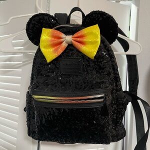 Disney Candy Corn Loungefly Black Sequin Backpack with Yellow and Orange Bow